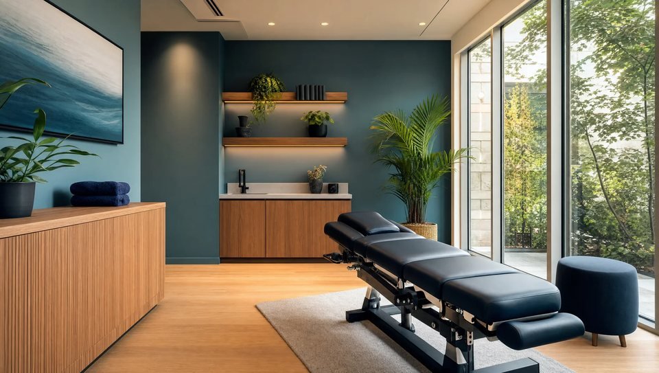 A treatment room with a plinth and equipment at Trust Care Physiotherapy