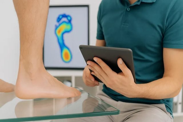 A foot pressure scan being reviewed on a tablet