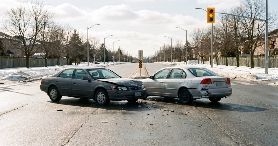 Two cars after a collision at a snowy Edmonton intersection