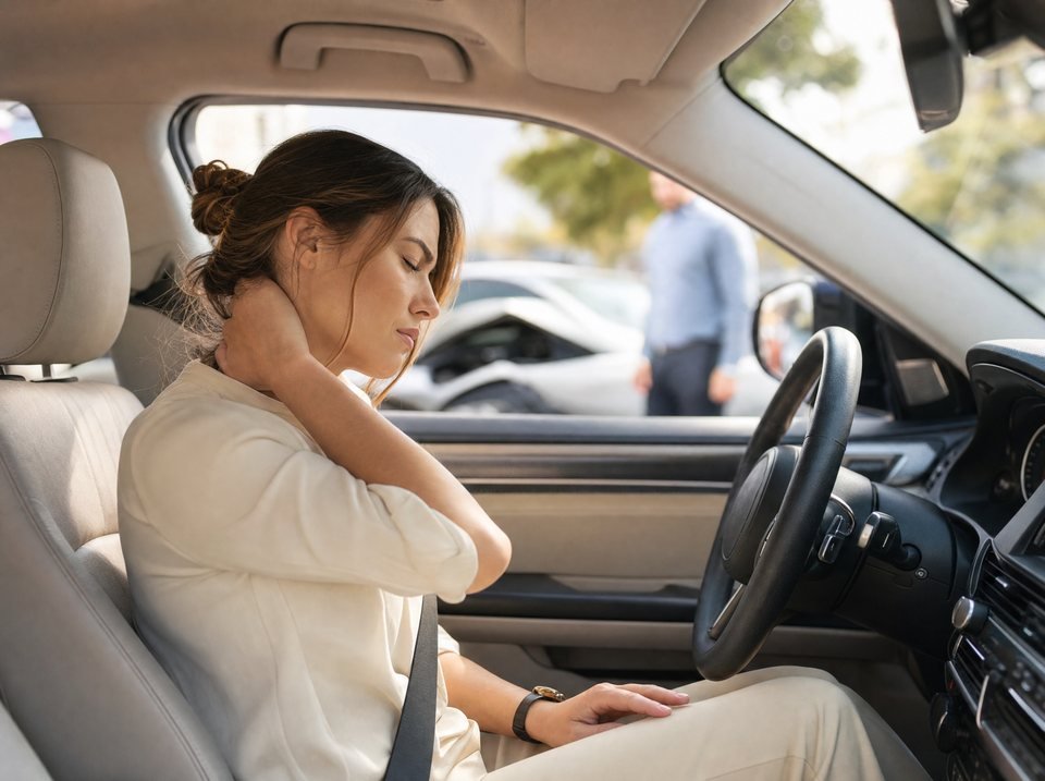 A driver holding her neck after a collision