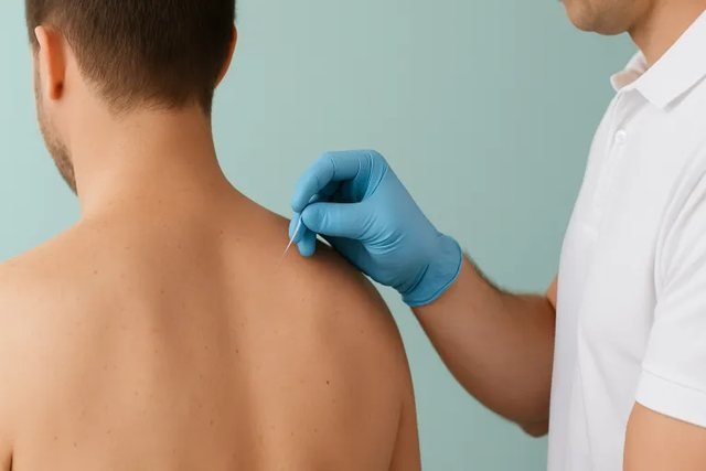 Dry needling applied to the shoulder by a gloved clinician