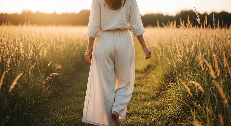 A woman walking through a field at golden hour