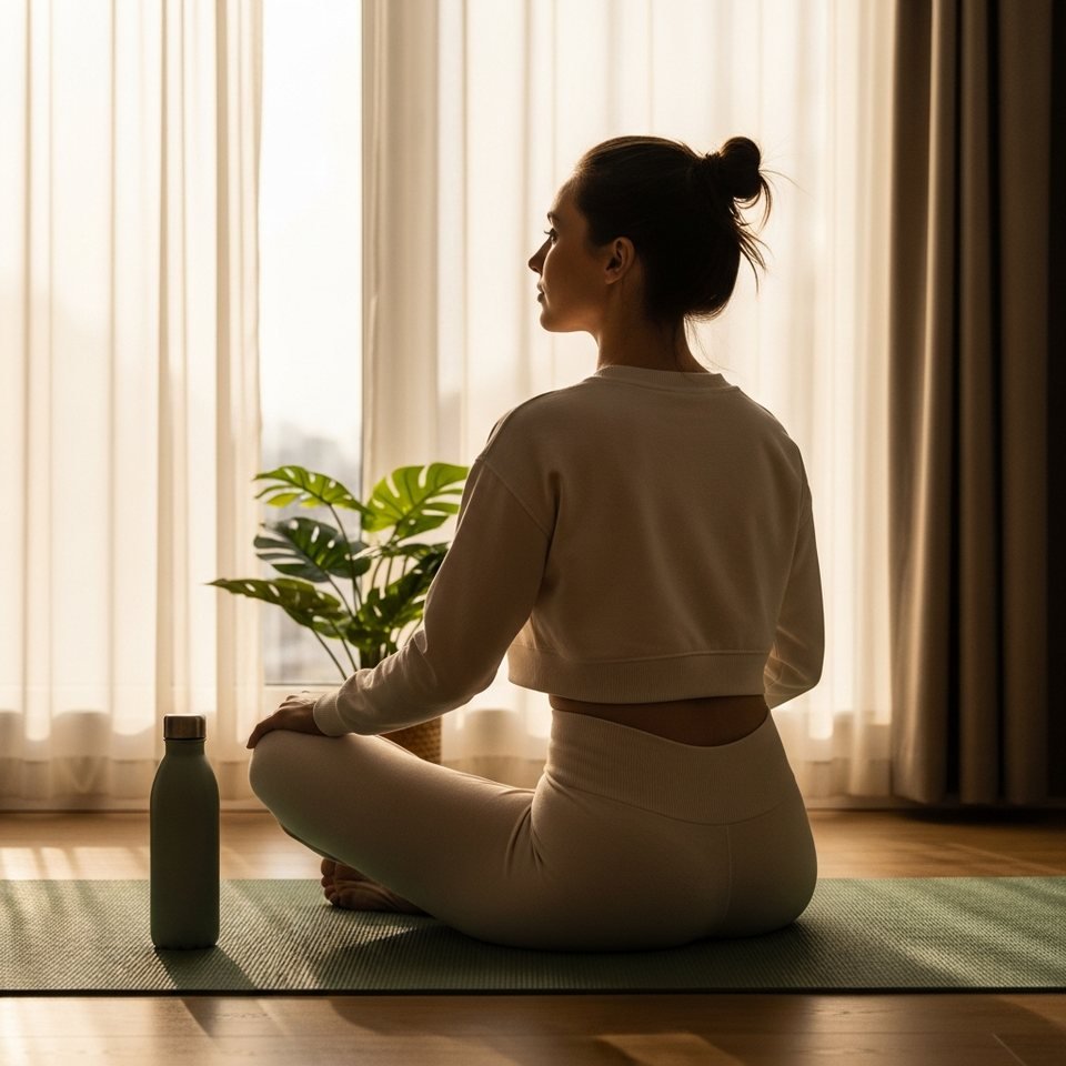A woman sitting quietly in a calm room