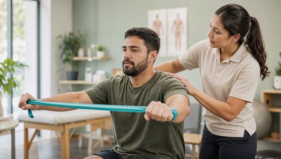 Resistance band exercise supervised by a physiotherapist