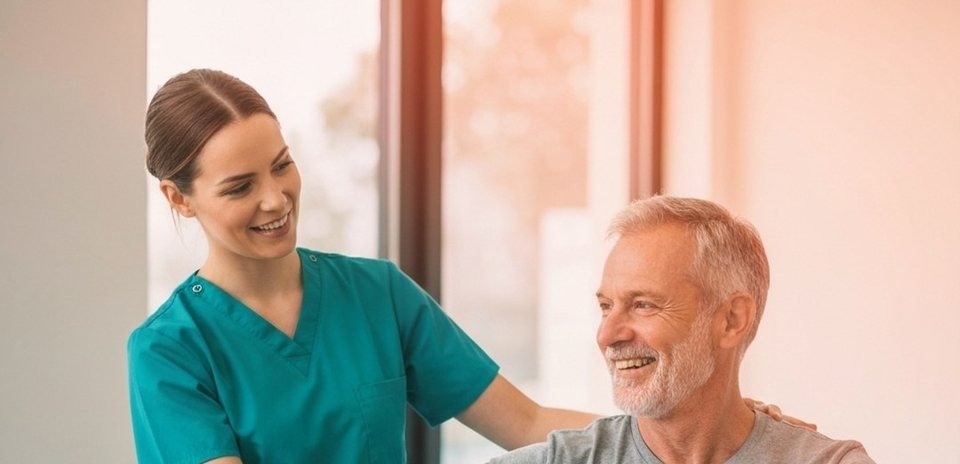 A physiotherapist with an older patient during a rehabilitation session