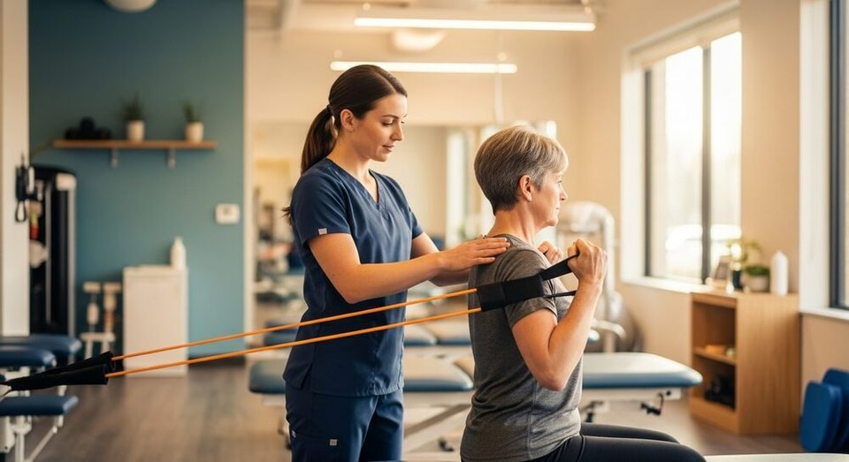 Resistance band strengthening with a physiotherapist in the clinic gym
