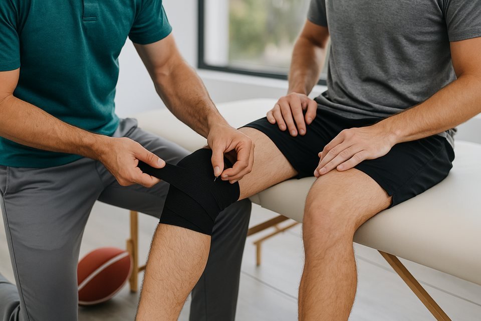A physiotherapist examining a patient's knee