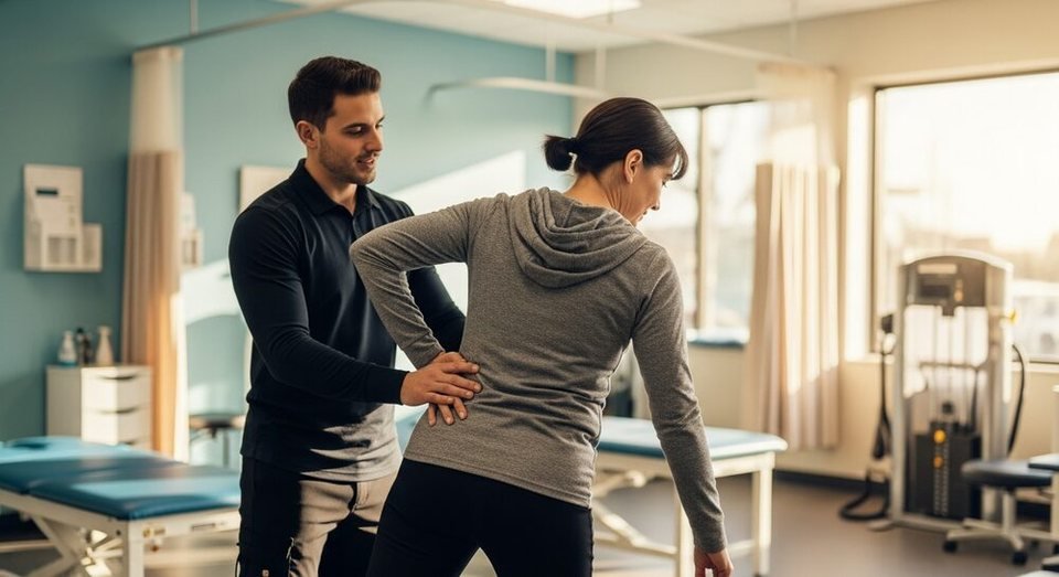 A physiotherapist assessing a patient's lower back in standing