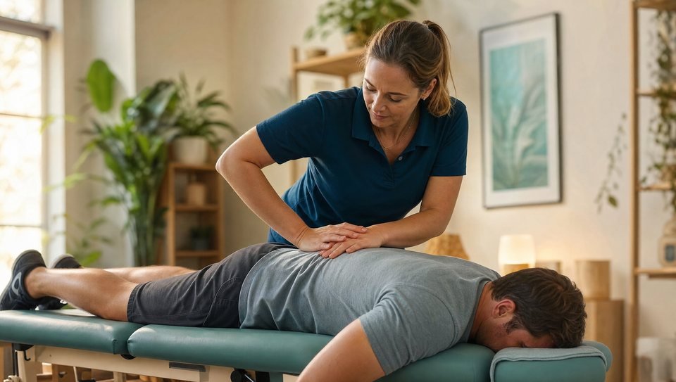 Hands-on manual therapy to the mid back on a treatment plinth