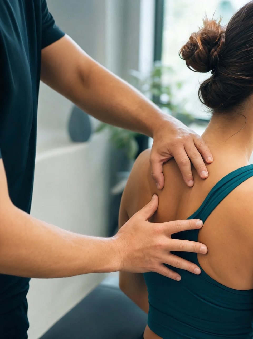 Hands-on treatment to the shoulder blade and upper back