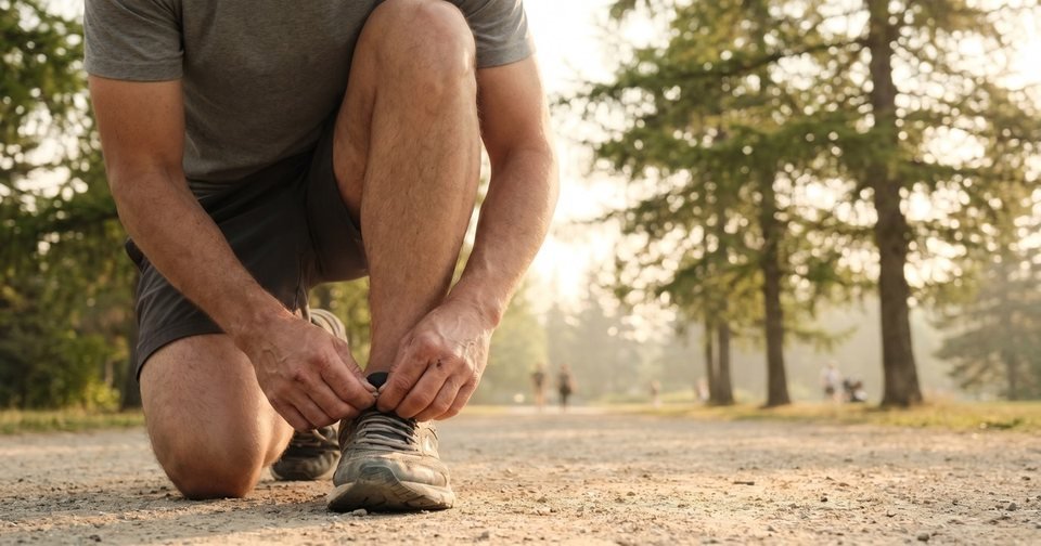 A runner tying a shoe before a trail run