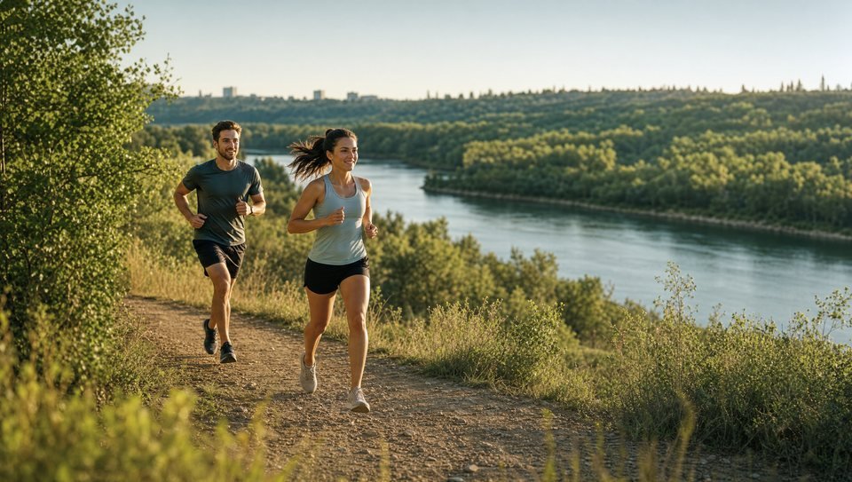 Two runners on a river valley trail in Edmonton