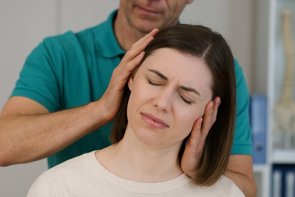 A clinician assessing the jaw of a patient with headache and ear pain