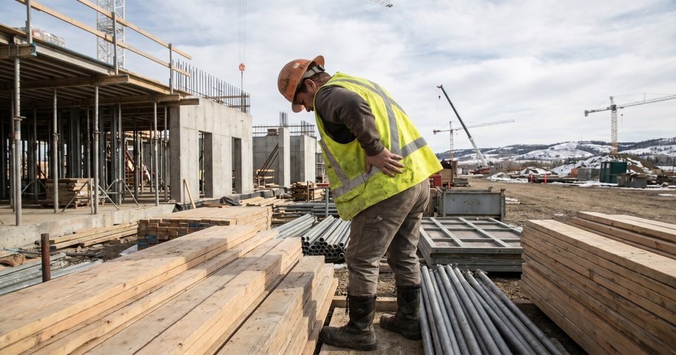 A construction worker holding his lower back on site