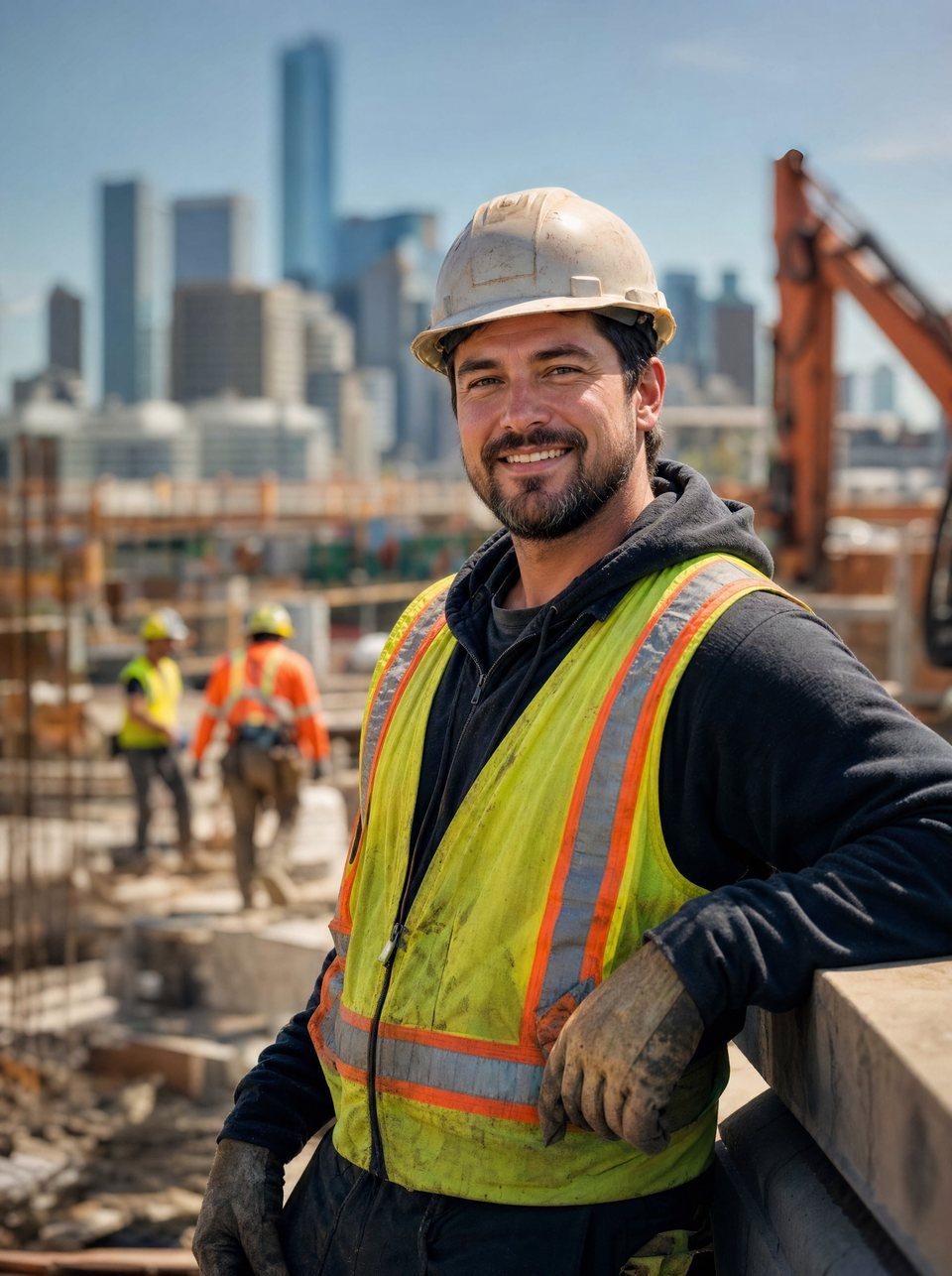 A worker in high-visibility clothing and a hard hat